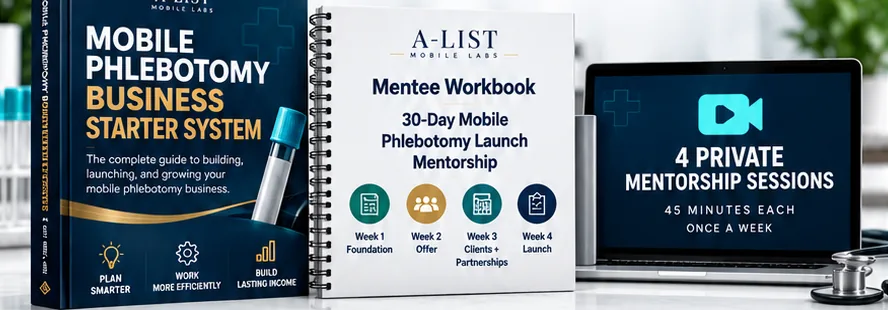 The Mobile Phlebotomy Business Starter System, the 30-Day Mentee Workbook, and a laptop showing four private 45-minute mentorship sessions, once a week